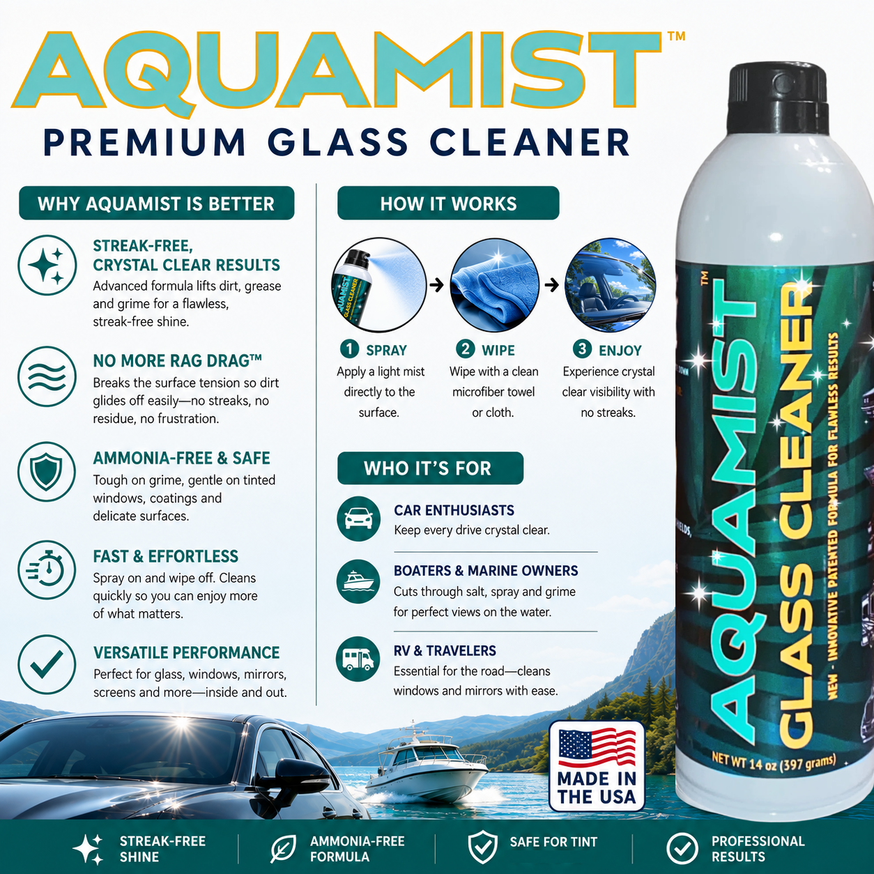 AQUAMIST® Automotive & Marine Glass Cleaner – Streak-Free No More Rag Drag™ Detailer Formula – 14 oz Aerosol – Made in USA