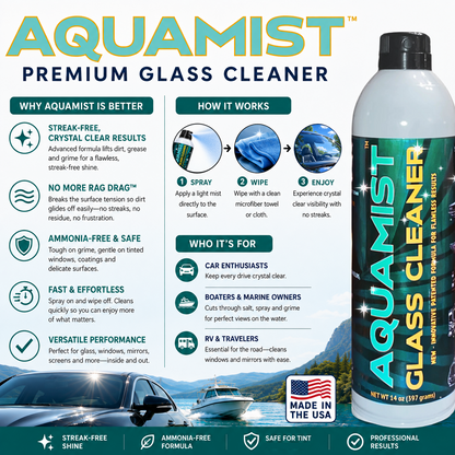 AQUAMIST® Automotive & Marine Glass Cleaner – Streak-Free No More Rag Drag™ Detailer Formula – 14 oz Aerosol – Made in USA